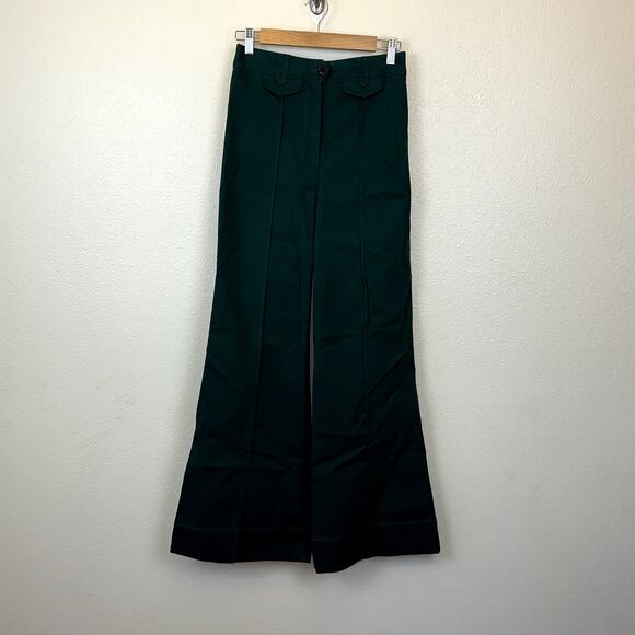 Anthropologie Size 2 Dark Green Side Wide Leg Flare Twill Trouser Pants - Picture 1 of 7